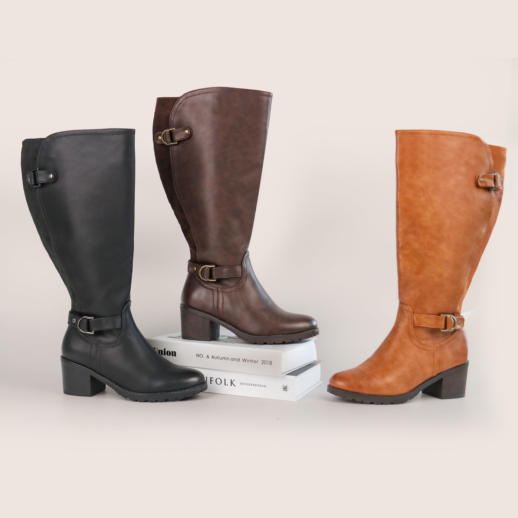 Botas altas de montar para mujer, de caña ancha, con tacón cuadrado y doble hebilla decorada