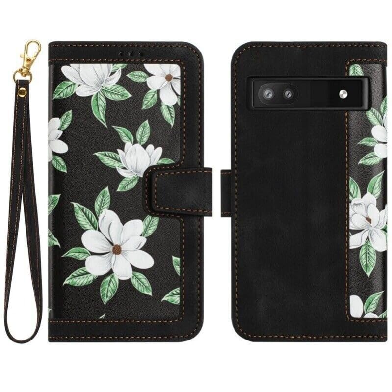 Étui en cuir fleur pour Google Pixel 7A noir à rabat magnétique chic