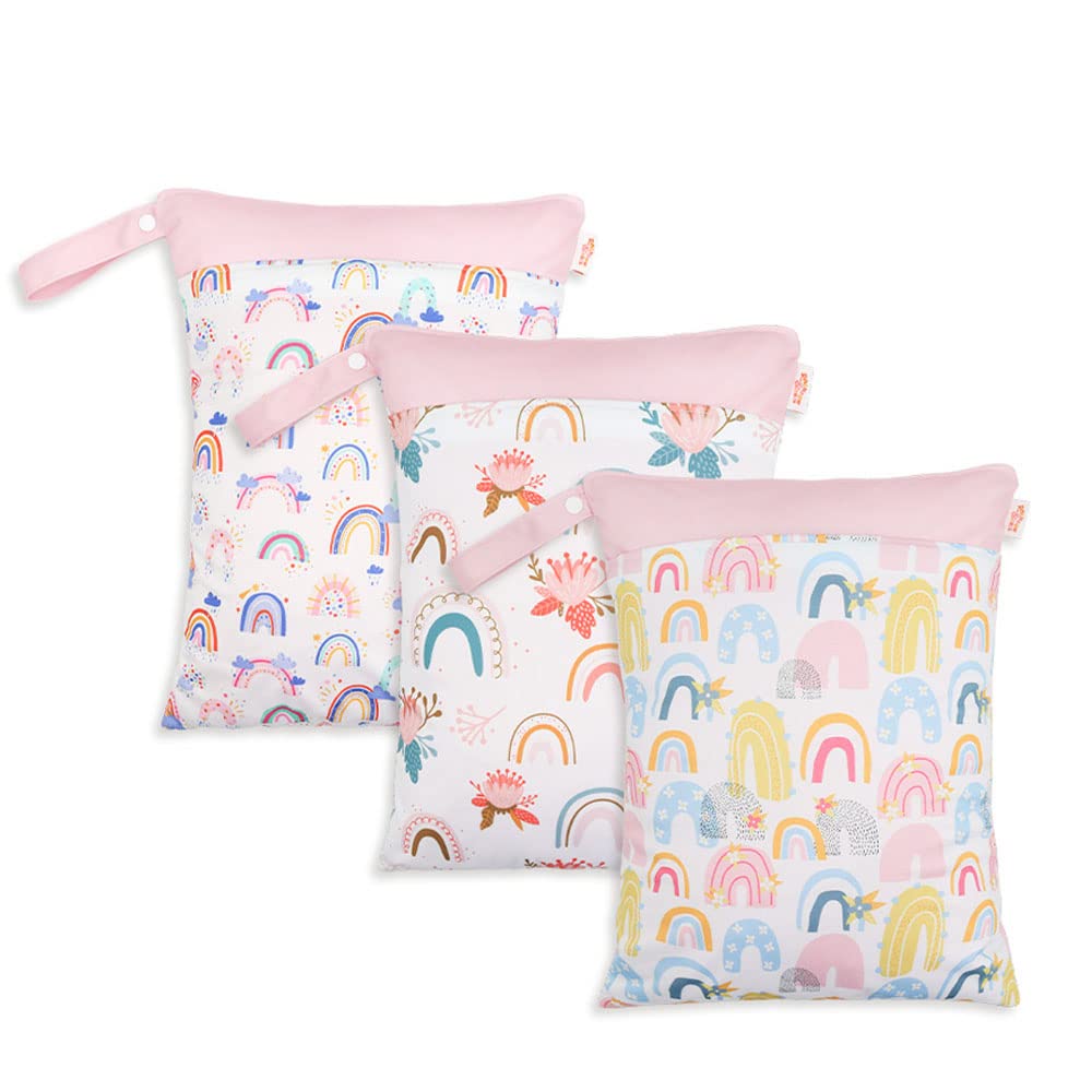 Treer 3 PCS Wet Bag Baby Cloth Diaper Bag Nappy Bag, Washable Reusable Hanging Double Zipper Waterproof Large Wet or Dry Organizer Bag for Daycare Travel Beach Pool (Pink Rainbow,30x40cm)