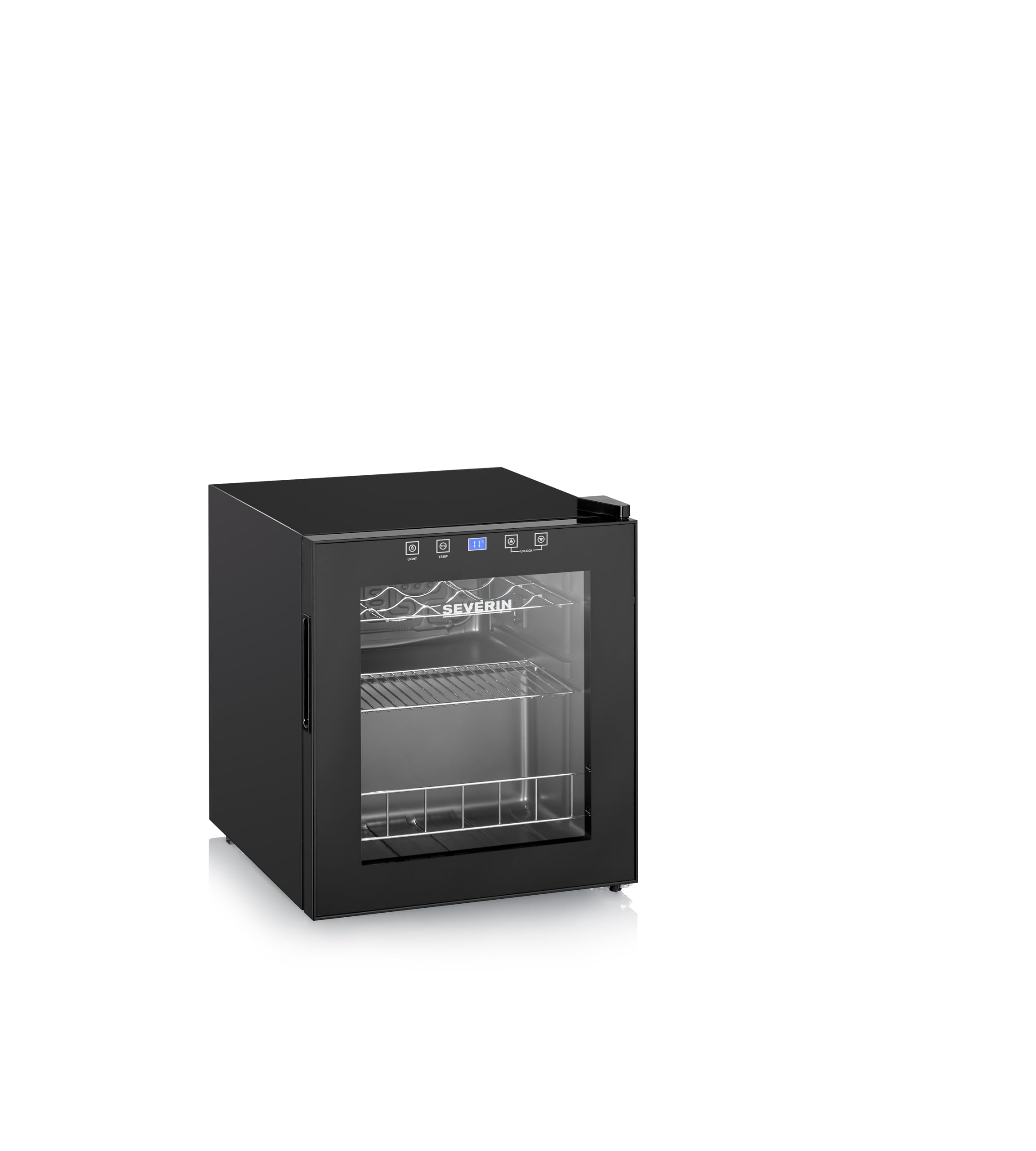 SEVERIN WKS 8907 Vinoteca para 15 Botellas, 46 L, Temperatura: 5° y 18°C, Nivel Ruido 43 dB(A), Puerta de Cristal con Marco de Plástico y 2 Rstantes Cromados, 1 de Ellos Regulable en Altura, Negro