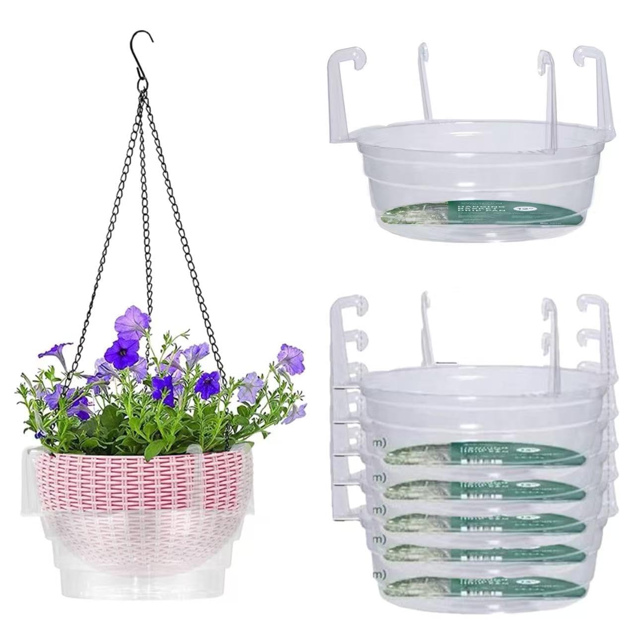 5Pc Hanging Basket Water Catcher, Water Trays for Plants, Hanging Basket Saucer, Hanging Basket Drip Pan with Hooks, Plastic Hanging Basket Tray for Watering, Plastic Plant Saucer for Backyard (12In)