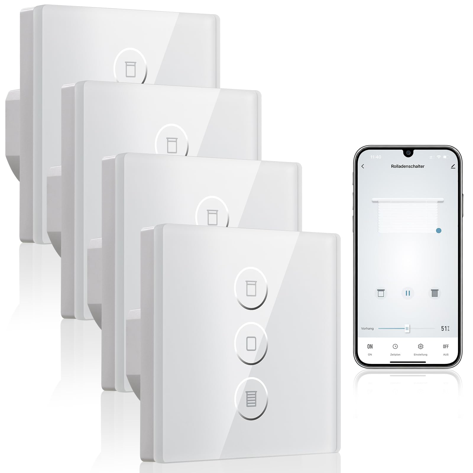Rolladenschalter Smart, 80mm JSmart Vorhänge, Kompatibel mit Alexa/Google Home, Prozentuale Steuerung,Intelligenter Fernschalter, Benötigt Nullleiter（XUIBFB-4Pack)