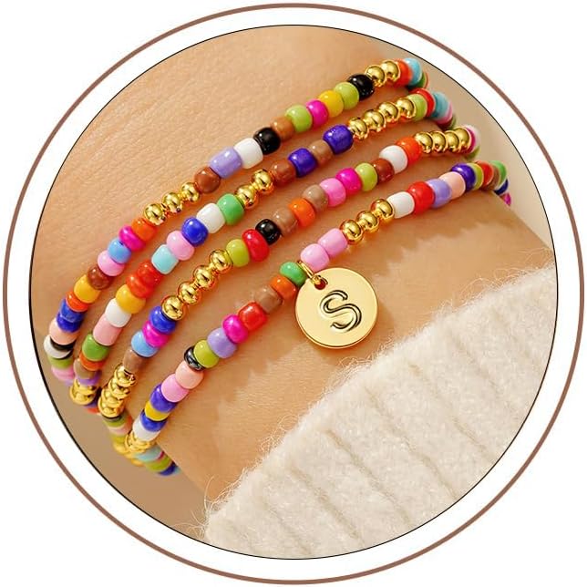 Gifts for Teen Girls Kids - 4PCS Colorful Beaded Initial Bracelets, Cute Stretch Beaded Bohemian Disc Initial A-Z Stackable Bracelet Jewelry for Women Girls Stuffers Birthday Gifts