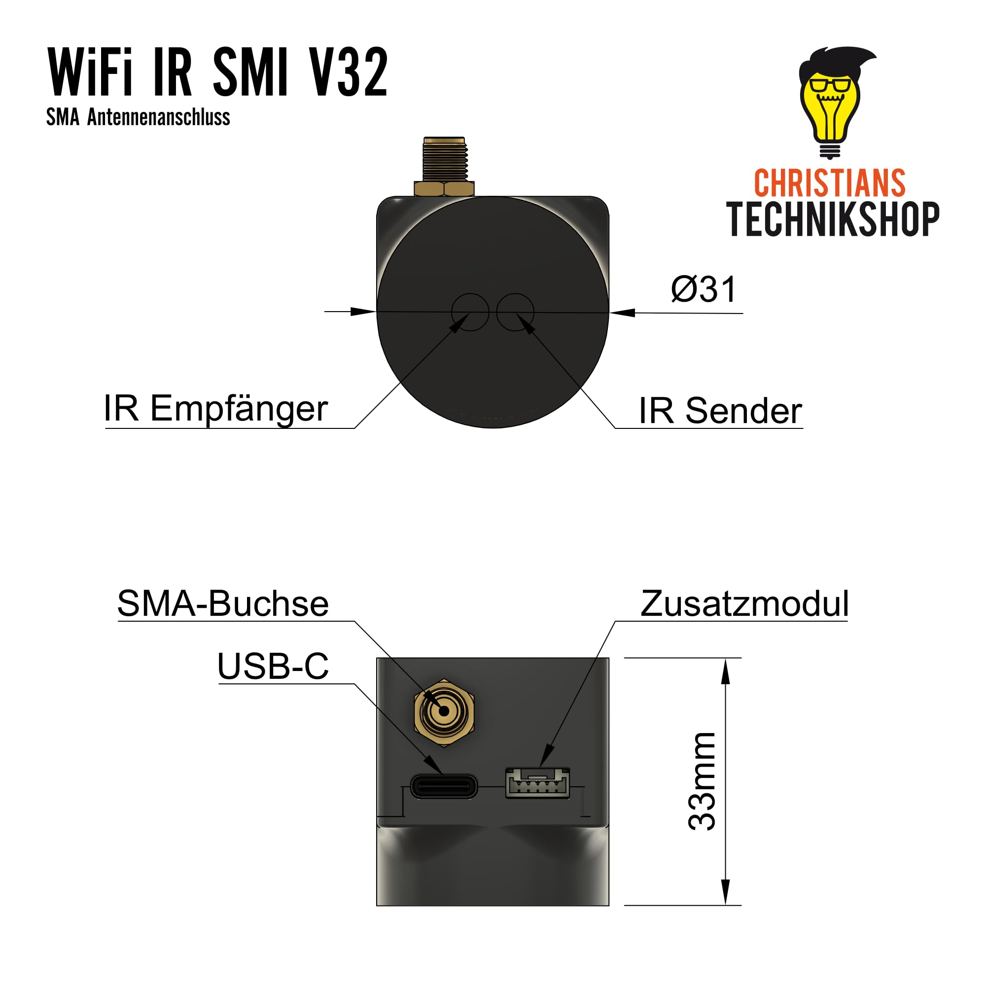 WiFi IR Lesekopf V32 für Stromzähler | IR Schreib-Lesekopf mit Tasmota | ESP32 Modul mit externer 9dBi WLAN Antenne SMA | Smart-Meter SML Auswertung