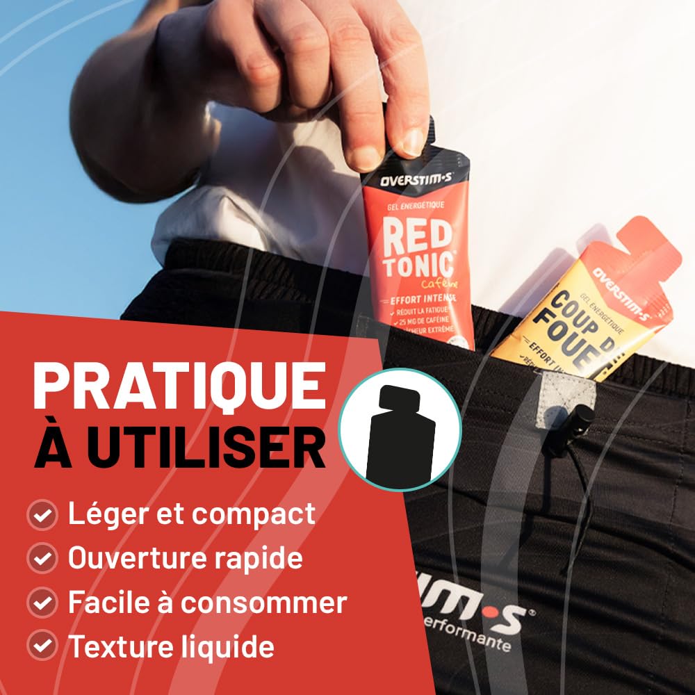 Overstim.s - Gel Red Tonic (10 sachets) - Gel énergétique pour le sport (vélo, course à pied...) - Energie instantanée - Caféine - Réduction de la fatigue - 100 kcal/gel - Saveur Menthe Eucalyptus