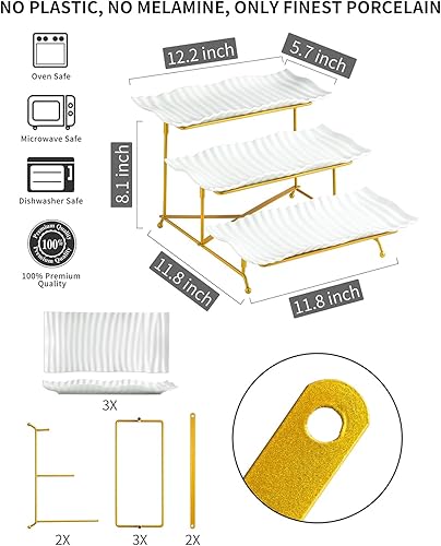 Miniatura 19 de LAUCHUH Soporte para servir de 3 niveles con bandeja de servir de porcelana con estante plegable más resistente, platos y platos para Acción