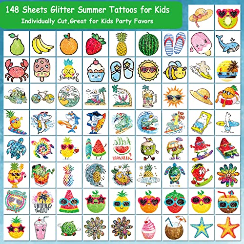 Charlent 148 Pcs Glitter Summer Fruit Temporary Tattoos For Kids - Watermelon Pineapple Individual Tattoos For Boys Girls Pool Birthday Party Favors Goodie Bag Fillers #TOP1
