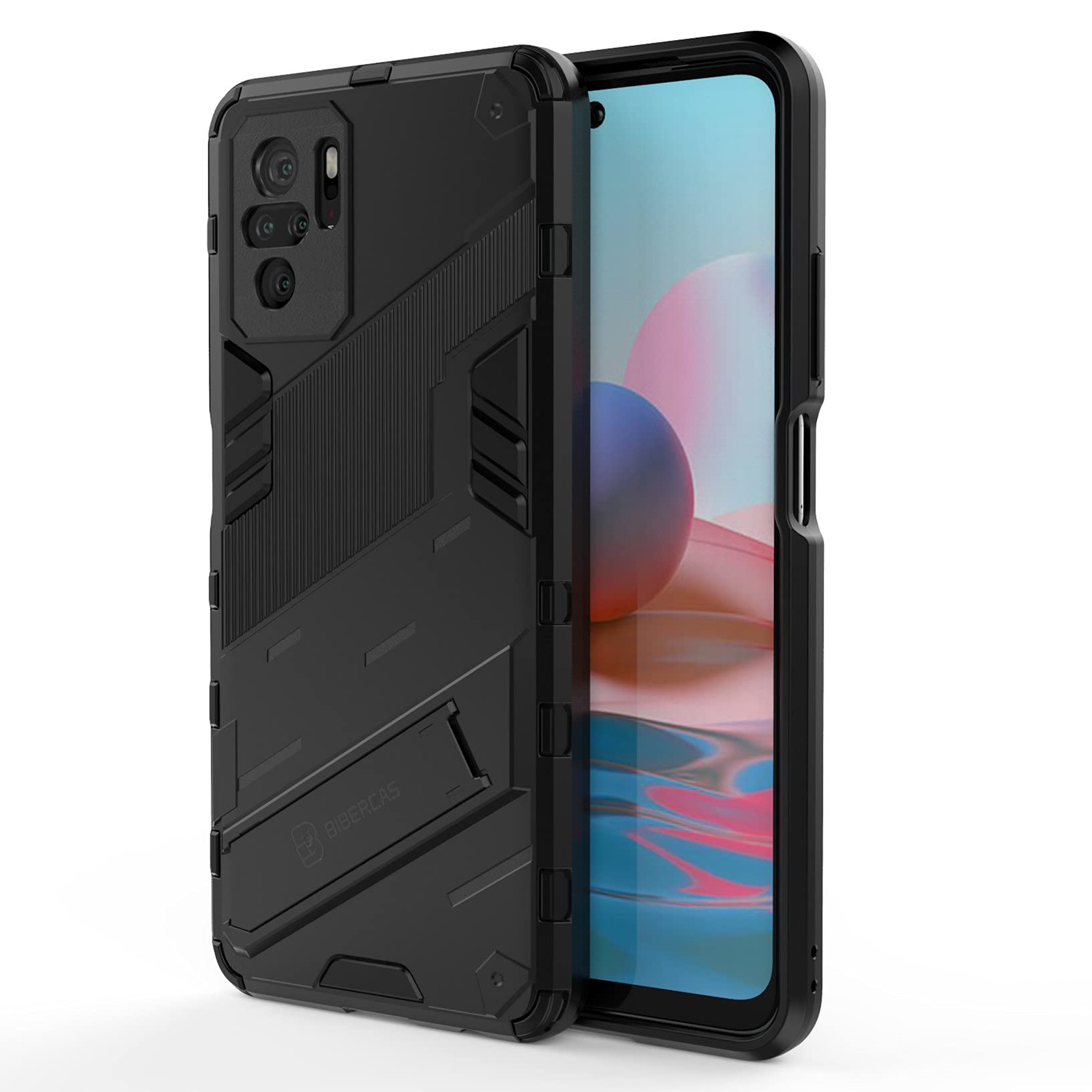 Cover Per Xiaomi Redmi Note 10 4G / Note 10S, Custodia 2in1 Dual Layer: Morbida TPU E Rigida Antiurto Con Supporto, Nero