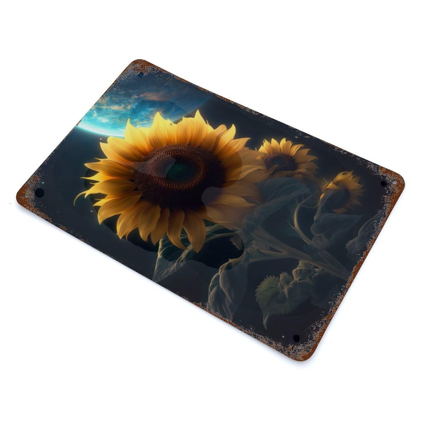 Sunflower Earth Galaxy 11.8"x7.9" Distressed Metal Wall Sign, Shabby Chic Decor for Office, Studio And Wall Decor