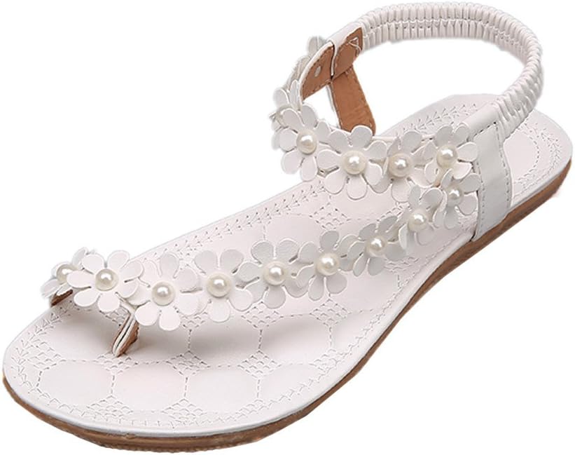 Summer Bohemia Flower Beads Flip-Flop Shoes Flat Sandals White
