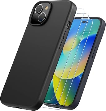 Trianium [4 in 1 Designed for iPhone 14 Plus Case Silicone Black, with 3 Pack Screen Protector, Bundle Protection Kit HD Tempered Glass Slim Cover 6.7 Inch 2022