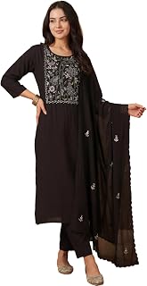 INDO ERA Women's Pink Georgette Ethnic Motifs Embroidered Straight Festive Kurta & Pant with Dupatta Set Price In India