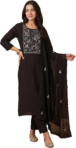INDO ERA Women's Pink Georgette Ethnic Motifs Embroidered Straight Festive Kurta &amp; Pant with Dupatta Set