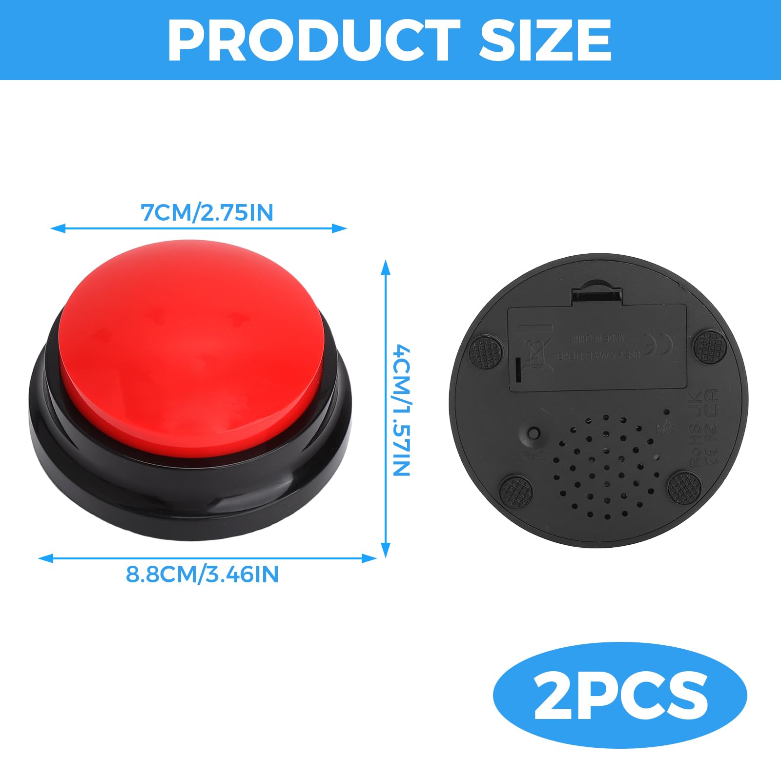 HENGBIRD Lot de 2 Buzzer pour Jeux de Questions, Buzzer Button, Buzzer enregistrable avec Fonction d'enregistrement de 30 Secondes, Bouton Parlant pour Chiens et Chats (Rouge et Bleu)
