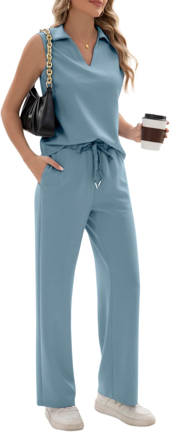 Sixstar Two Piece Sets for Women Summer V Neck Tops Wide Leg Sweatpants Sleeveless Tracksuit Travel Outfits