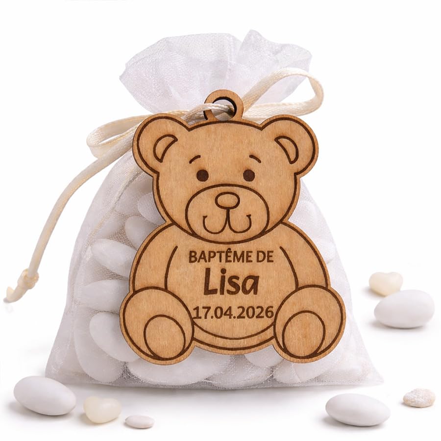 Étiquette Baptême en Bois Personnalisée Ourson – 6 x 5 cm avec Trou – Étiquette Dragées Prénom et Date – Décoration Baptême Enfant