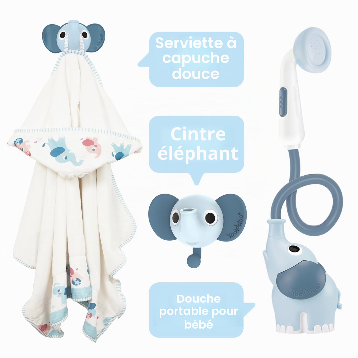 Yookidoo Ensemble Cadeau de pommeau de Douche éléphant pour bébé – Comprend Une Serviette à Capuche et Un Cintre – Contrôle de l'eau à partir de 2 Boutons de Coffre d'éléphant pour Un Maximum de
