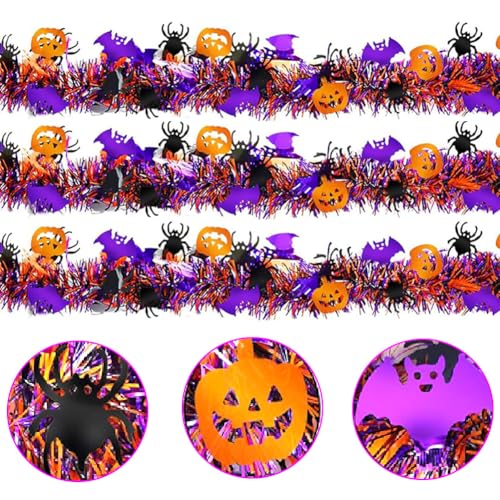 Image of 66 Ft Halloween Tinsel Garland with Orange Pumpkin Black Spider Purple Bat Glitter Tinsel Garland for Home Tree Ornaments Indoor Outdoor Party Halloween Decorations