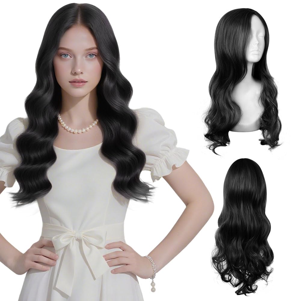 AUYAO Long Wave Wig for Women Synthetic Fiber Long Wavy Hair Wig Middle Part with No Bangs Curly Hair Wigs Fancy Dress Synthetic Hair for Party Costume Anime Halloween Christmas Carnival(Black)