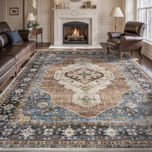 Engiw-Washable 5x7 Area Rugs for Living Room Rug Bedroom Dining Room Rugs Home Office Rug Carpet Vintage Soft Cozy Non Slip Navy Blue Rust Navy/Rust 5' x 7' (Rectangular)
