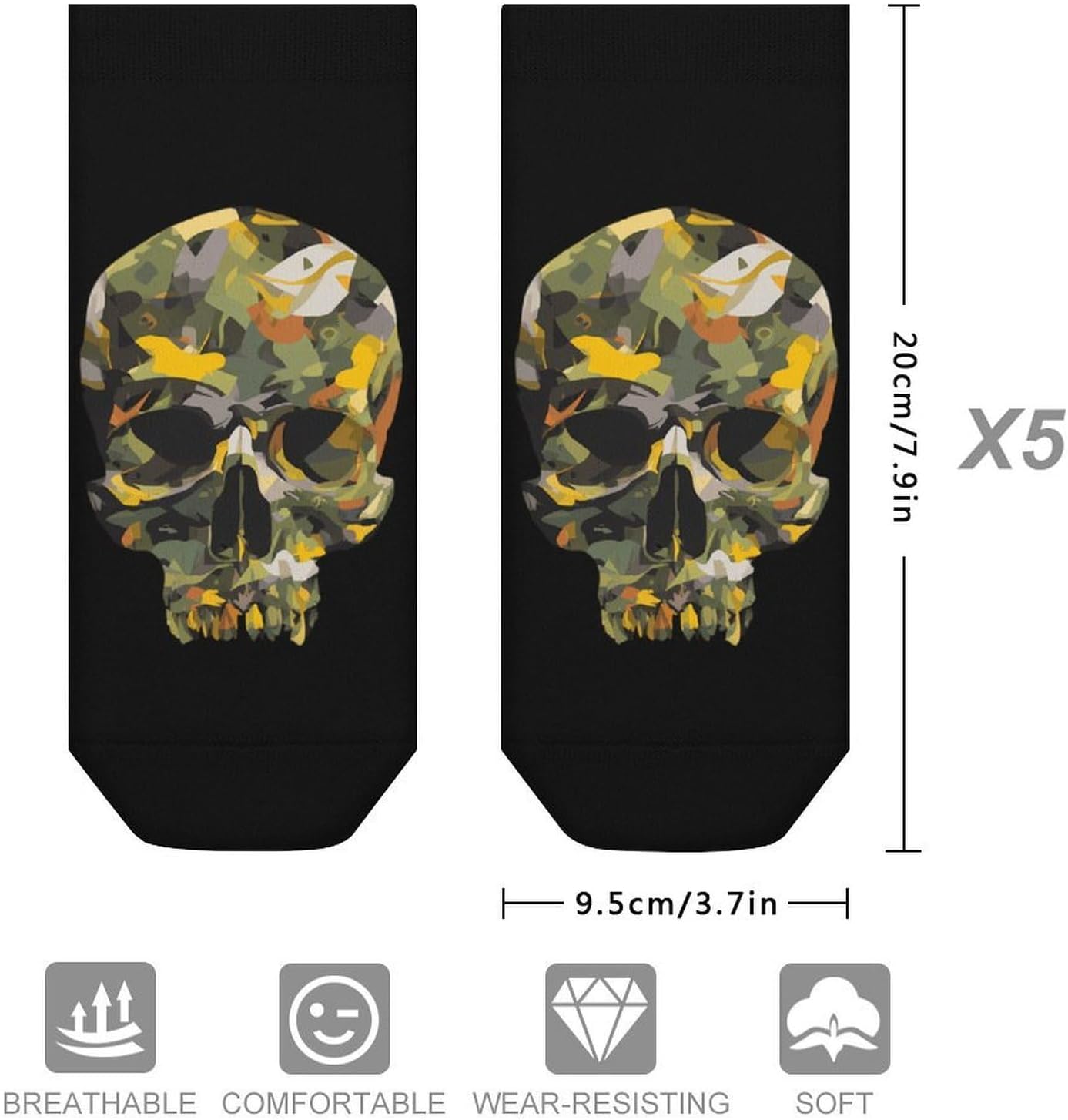 Camouflage Skull Socks for Men Women 5 Pairs Ankle Socks