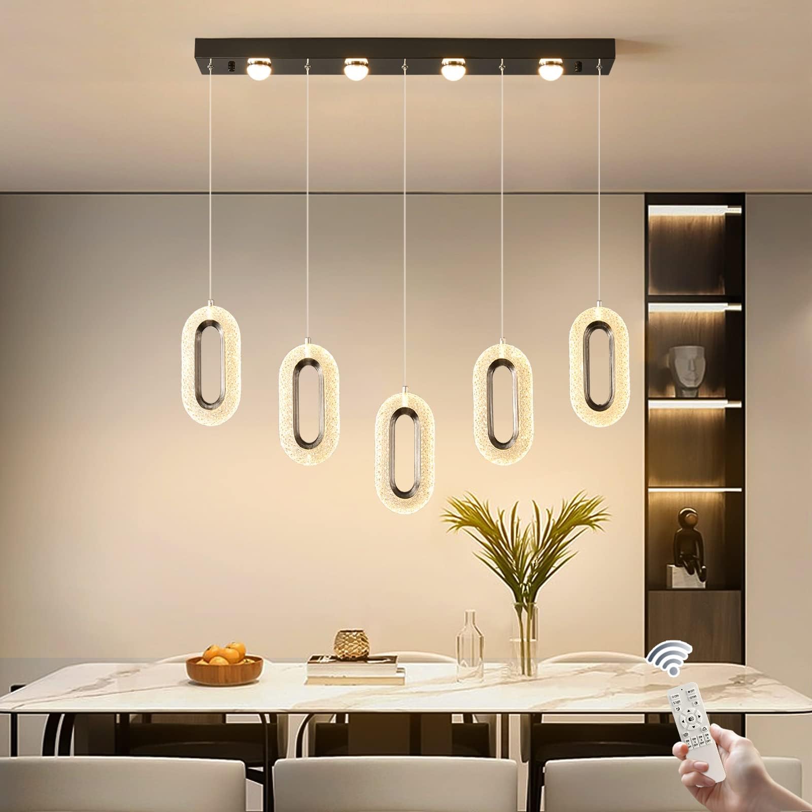 Ganeed Modern LED Chandelier, 60W Dimmable LED Pendant Light with 5 Lights, Adjustable Height Chandelier Light Fixture with Remote for Kitchen Dining Room Bedroom Kitchen Island Cafe, Black