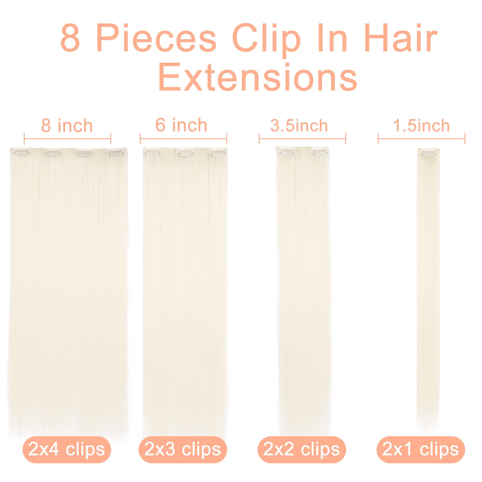 Mscat 20 Inch Clip in Hair Extensions 8Pieces/Set Platinum Blonde Straight Hair pieces hair extensions Natural Soft Synthetic Hairpieces for Women(60#) - Image 2