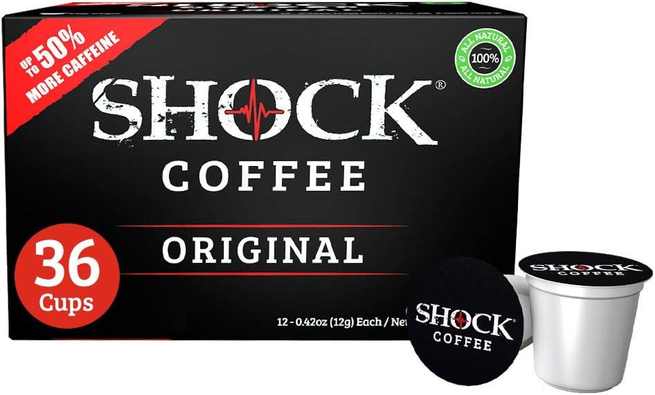 Shock Coffee Single Serve Cups. Up to 50% more Caffeine than Regular Coffee. 36 count - Compatible with Keurig K-Cup Brewers 2.0