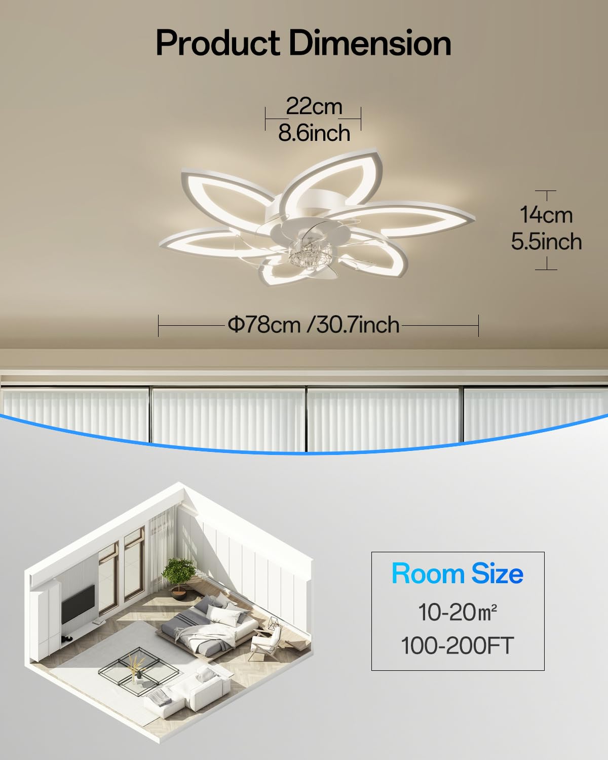 Lampadario Intelligente con Ventilatore e Controllo Alexa, Nessun WiFi Richiesto, Plafoniera con Ventilatore Design Moderno a Fiore, Lampadario Ventola per Camera da Letto, Soggiorno, Bianco