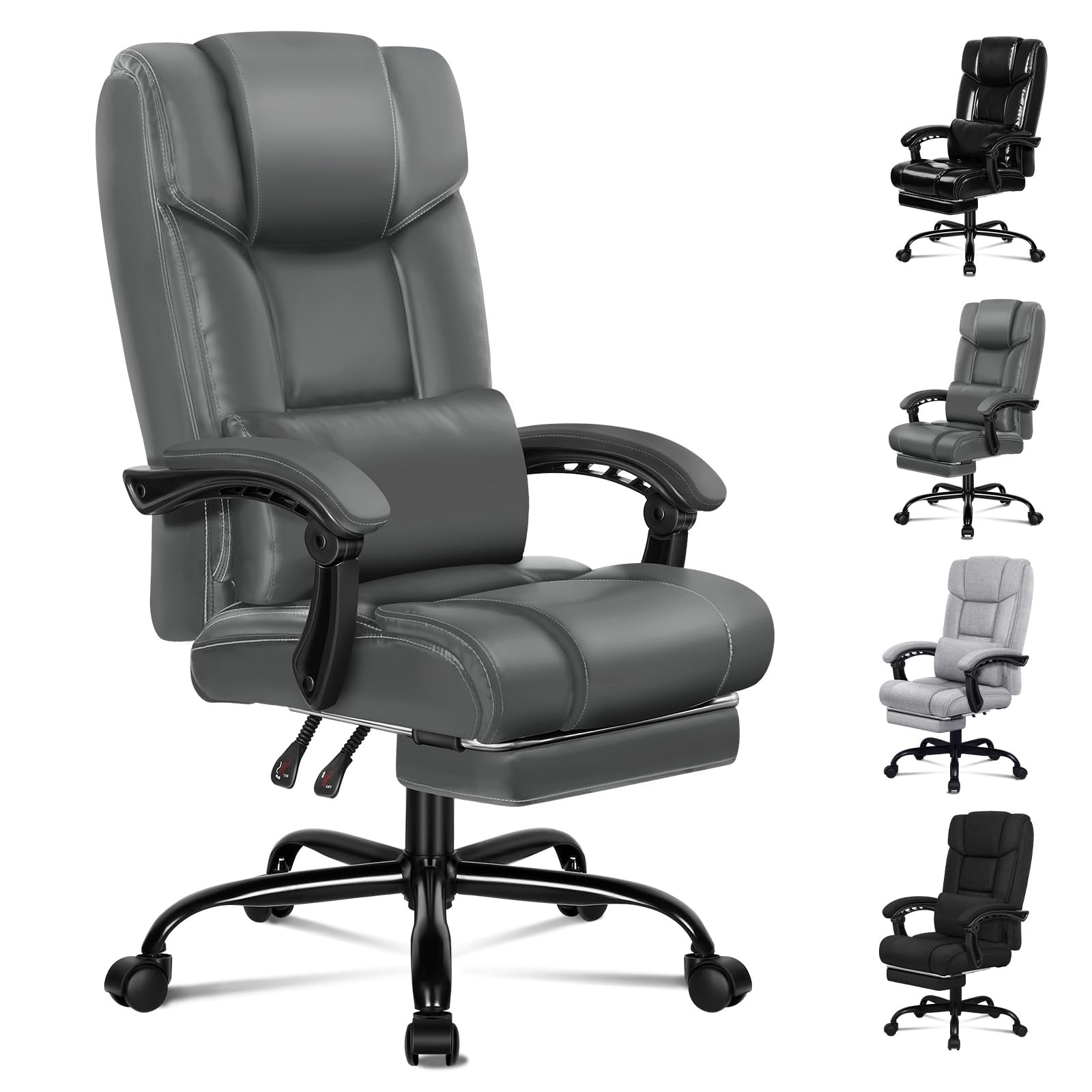 ALFORDSON Silla de Oficina, Silla de Escritorio con Soporte Lumbar Ajustable, Respaldo Alto, Reposapiés, Cuero PU (Gris)