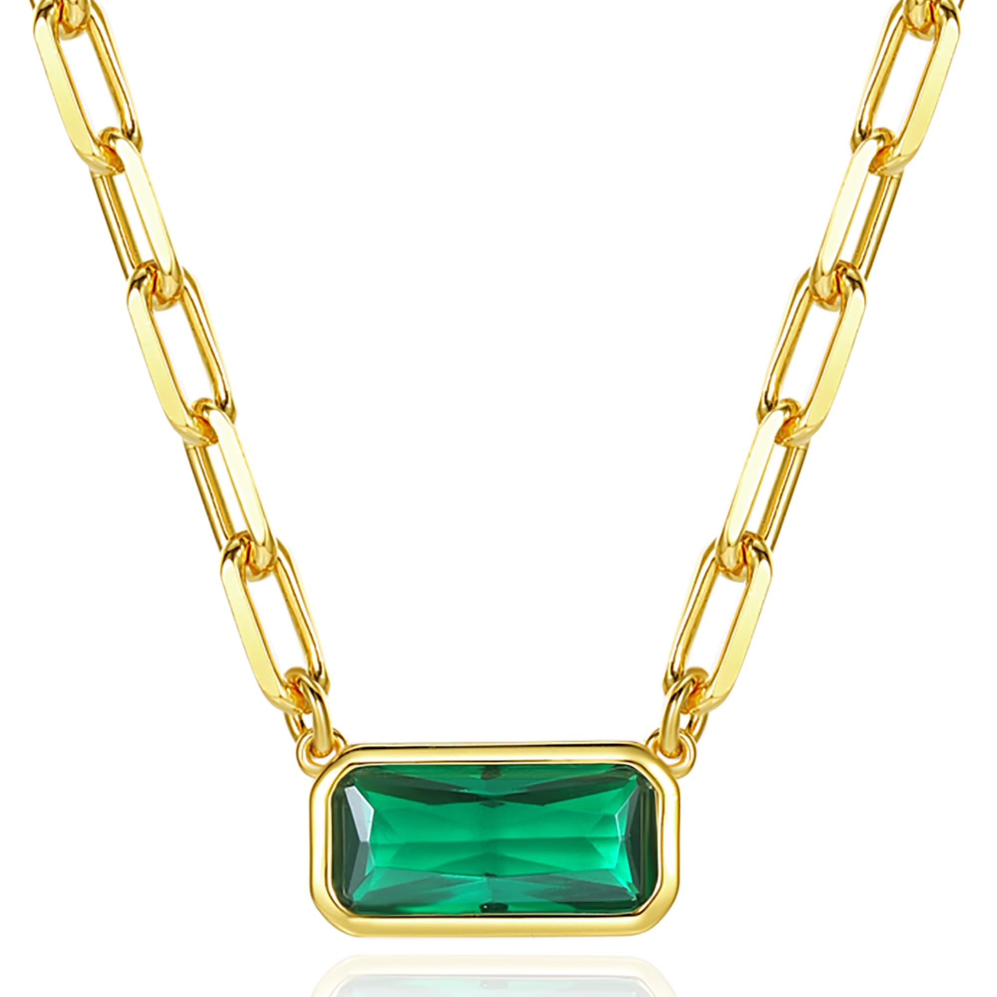 Emerald-Cut Pendant Necklace | Paperclip Gold Link Chain Green CZ Solitaire Pendant Necklace | East West Bezel Set Charm 17+2''