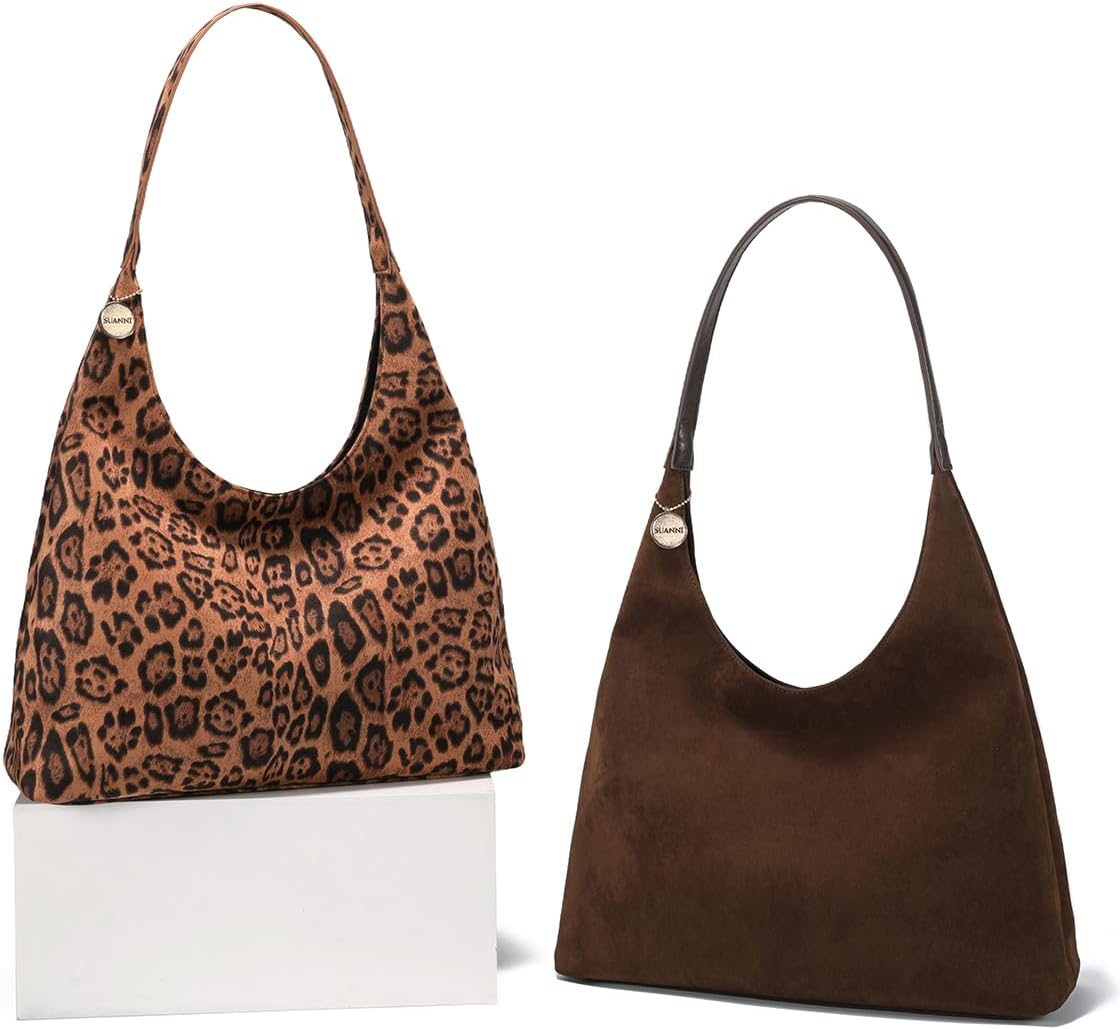 Leopard Suede Tote Bag for Women, Large Brown Slouchy Shoulder Hobo Handbag, Vegan Leather Purse With Zipper for Work - Image 9