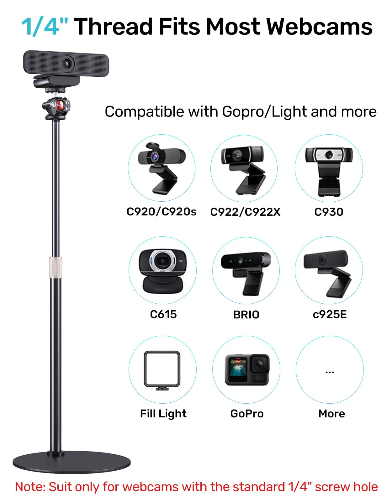 Supporto da scrivania per webcam, supporto da tavolo con regolazione per webcam Logitech C920 C922 BRIO, treppiede da tavolo girevole a 360° per streaming live/videochiamate con filettatura da