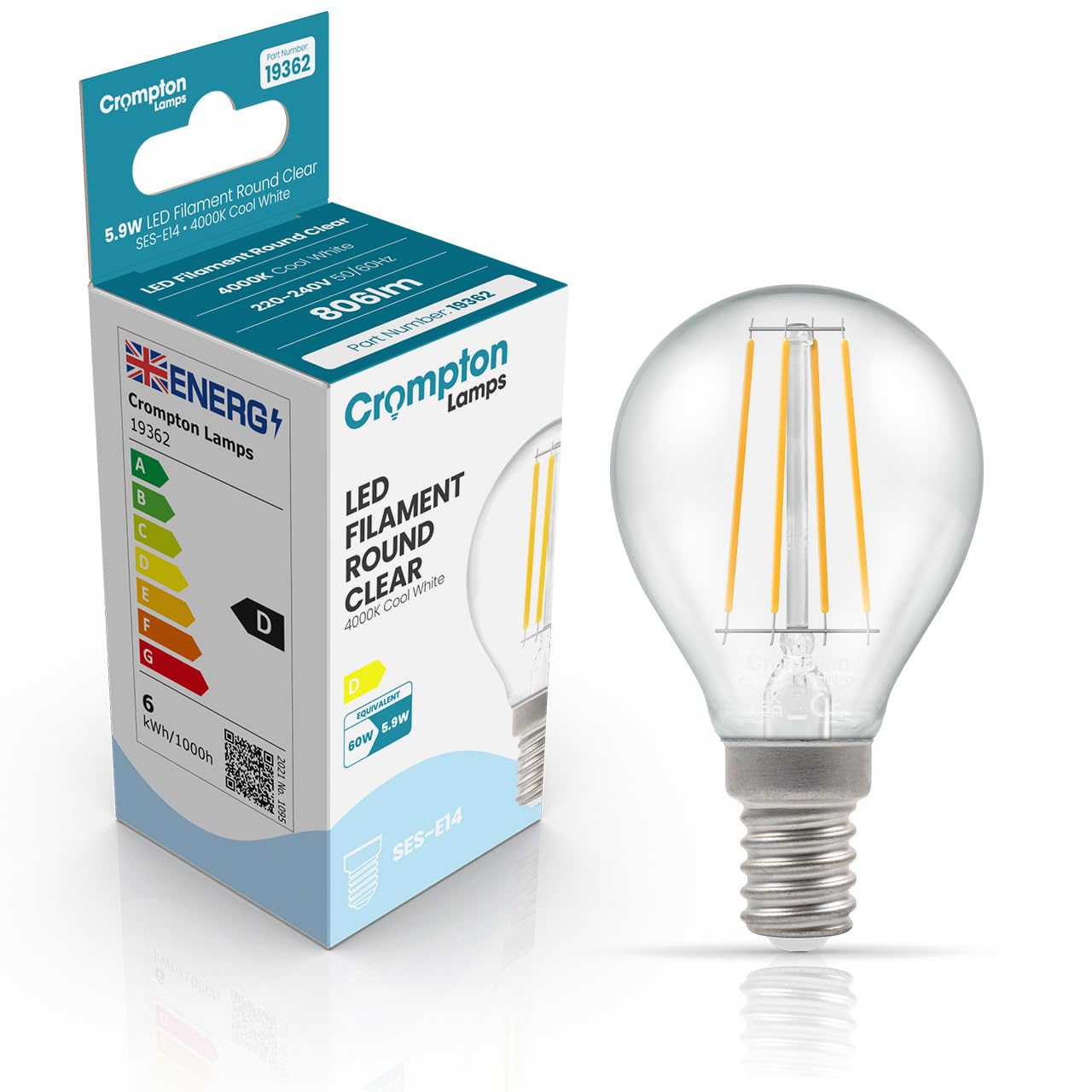 Crompton Lamps Filament Golfball LED Light Bulb SES-E14 | 5.9W = 60W Equivalent | Cool White 4000K | Energy Efficient | Small Screw Lightbulb | Long Life 15,000-Hrs | Clear Glass | Dimmable โ image 1