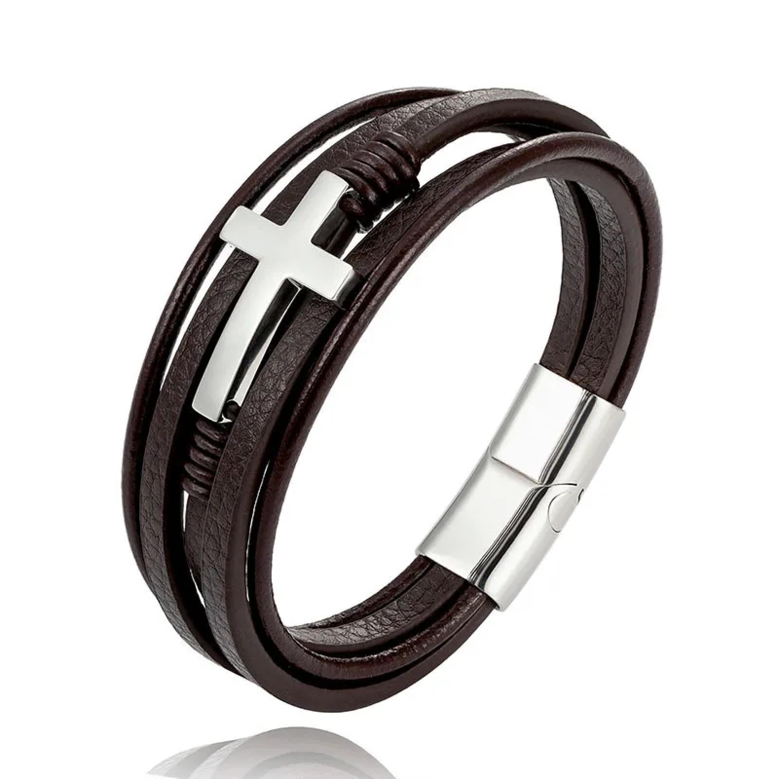 Bracelet en cuir tressé pour homme - Le cadeau idéal et accessoire double croix - 8