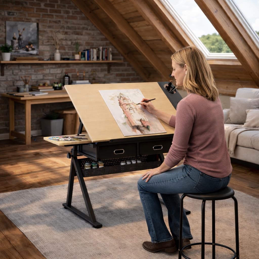 Adjustable Drafting Table with 4 Trays & 2 Storage Drawers, Multifunctional Tilting Drawing Art Desk, Vintage Drawing Table Art Craft Workstation for Studio Home Office Painting Writing (Color -b)