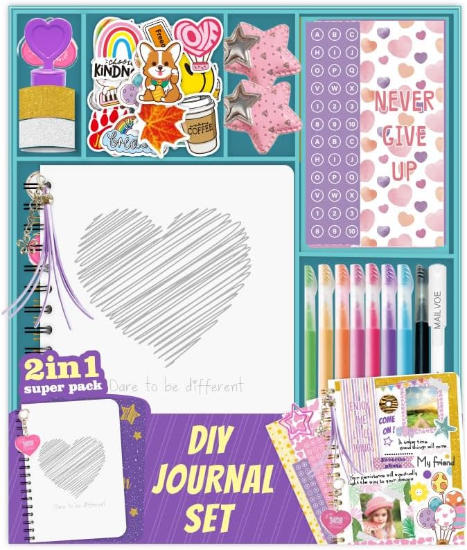 BIIVSOV DIY Diary Set for Girls -Journal Set for Kid-Creative Birthday Gifts for Girl - Stationery Scrapbook Notebook Set - Cool Gifts for 8 9 10 11 12 13 14 Year Old Girls