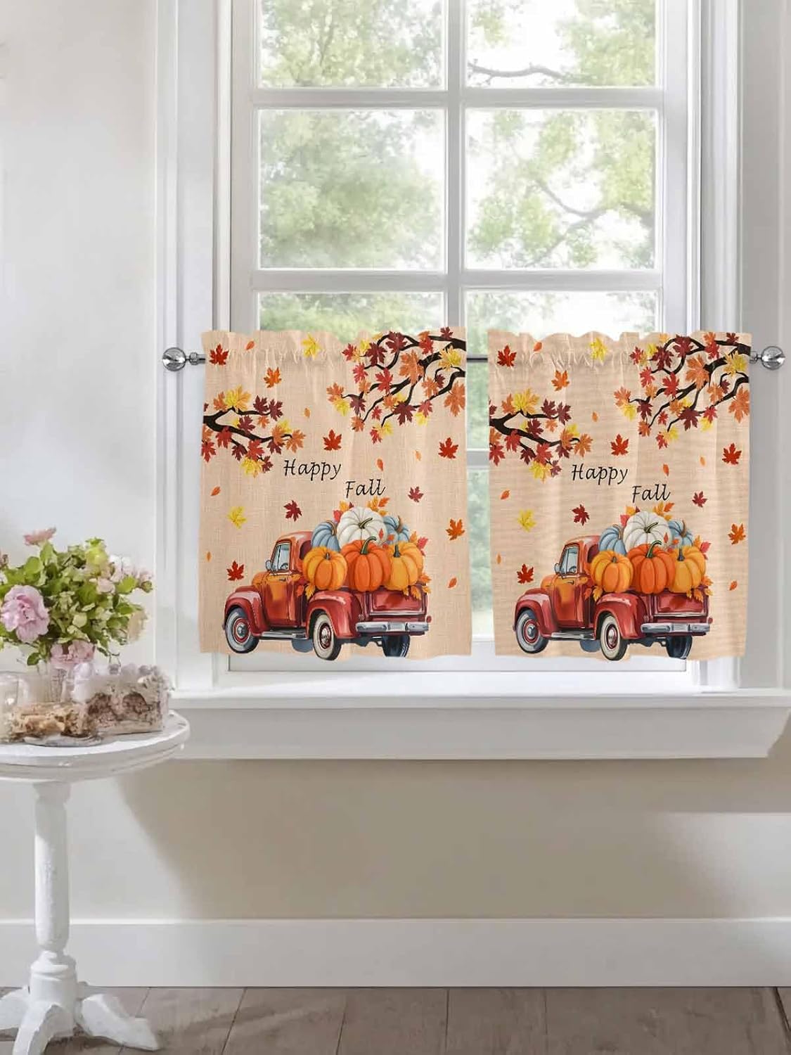 Red Truck Pumpkins Kitchen Curtain 24 Inch Length, Thanksgiving Fall Orange Leaves Teal Gold Small Short Cafe Tiers Curtains Drape, 2 Panel Window Treatment Rod Pocket Drapery Panels Curtains