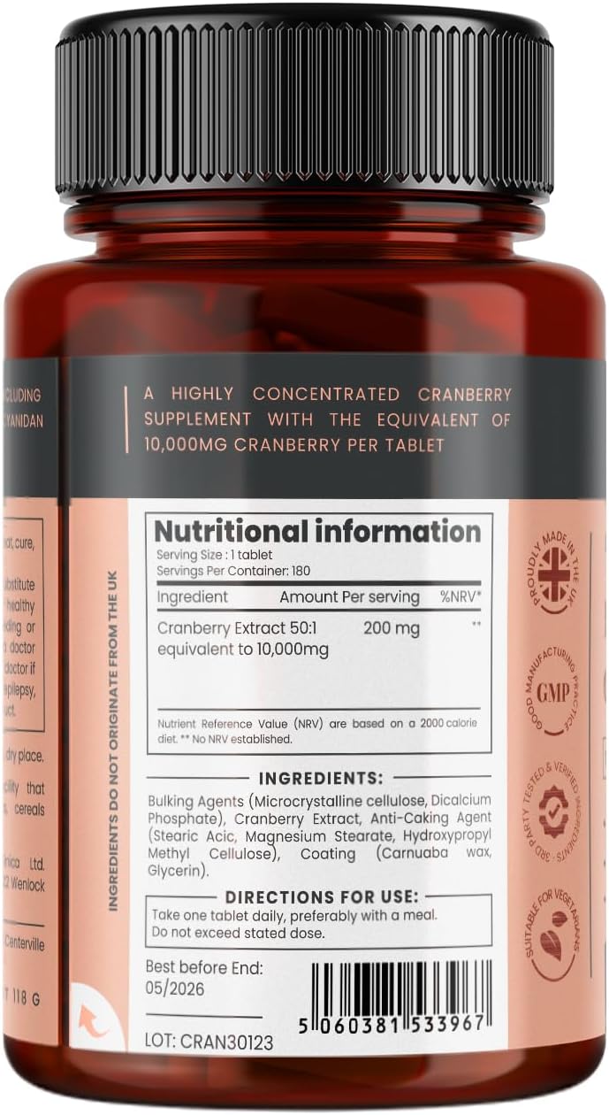 pureclinica Double Strength Cranberry Extract 10,000mg x 360 Ultra Concentrated Tablets (2 Bottles of 180) - 12 Months Supply!