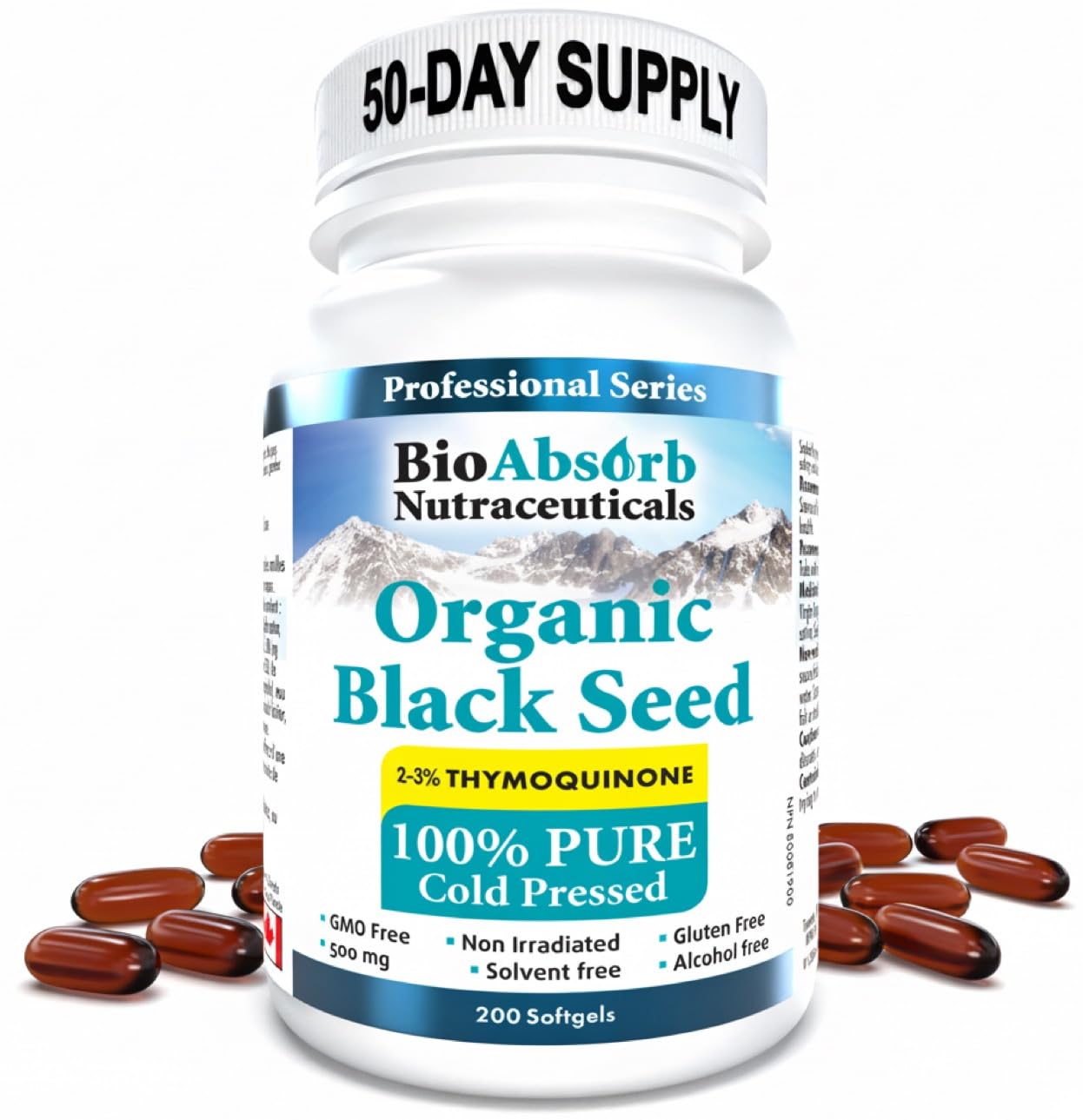 Bio Absorb Black Seed Oil Cold Pressed Capsules. 200 softgels, 500mg (50-Day Supply). No Aftertaste.