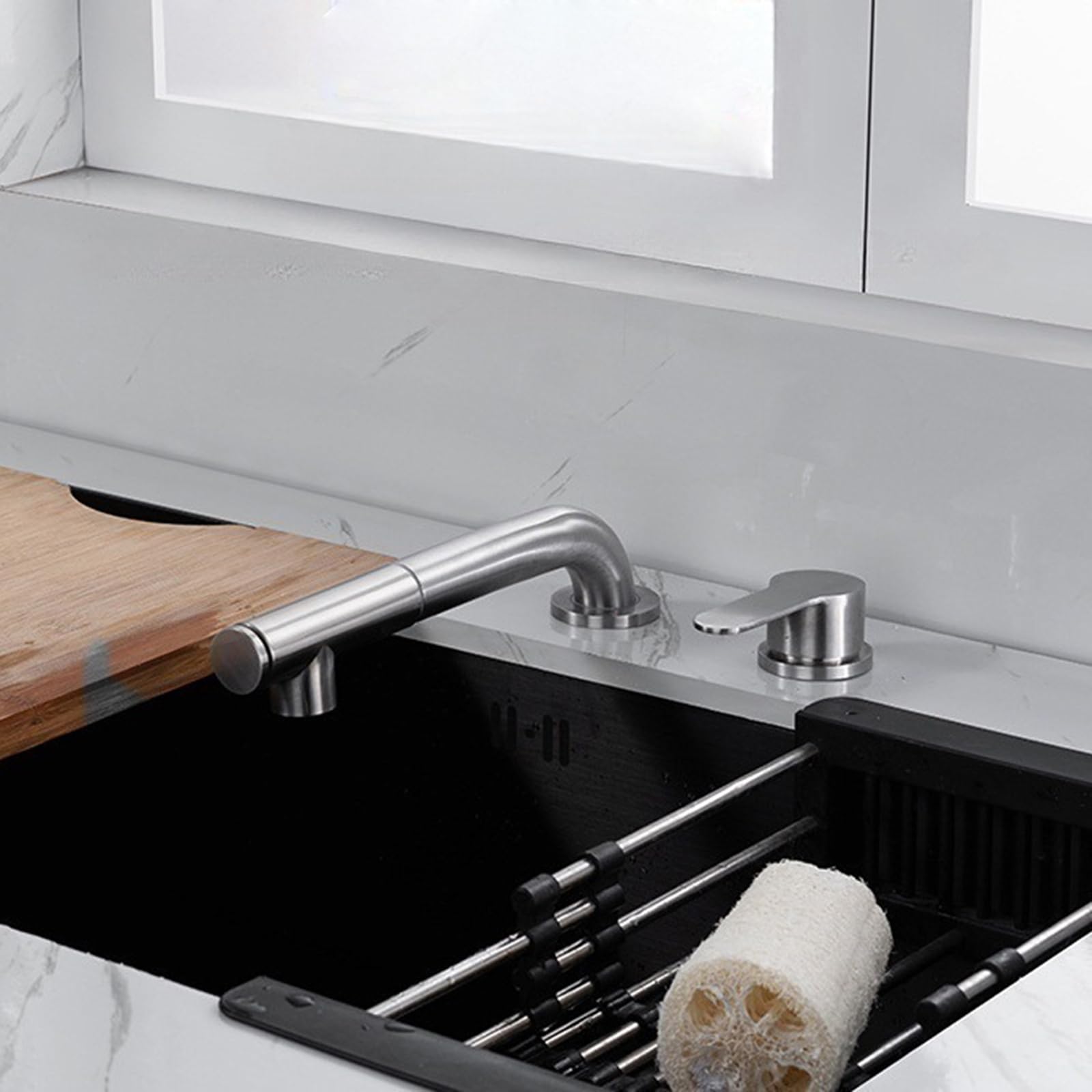 XJTNLB Grifo Cocina Extraible Cepillado Grifos Cocina Fregadero Negro para Ventana Rotación de 360 ° Grifo de Cocina Fregadero Monomando