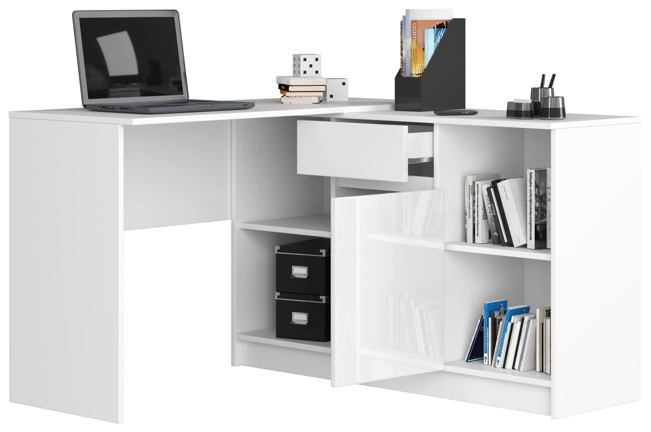 BDW Set scrivania e Cassettiera 2 in 1 - Scrivania Angolare - Scrivania Angolare - Tavolo Angolare da Gioco - Scrivania da Ufficio - Scrivania Home Office - 120x79x129cm - Bianco Lucido