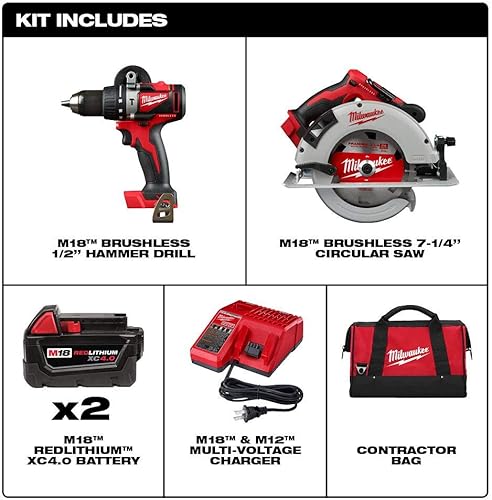Miniatura 2 de Milwaukee 2992-22 M18 18-Volt Litio-Ion Brushless - Taladro de martillo inalámbrico y sierra circular (2 herramientas) con dos baterías de 4.0 Ah
