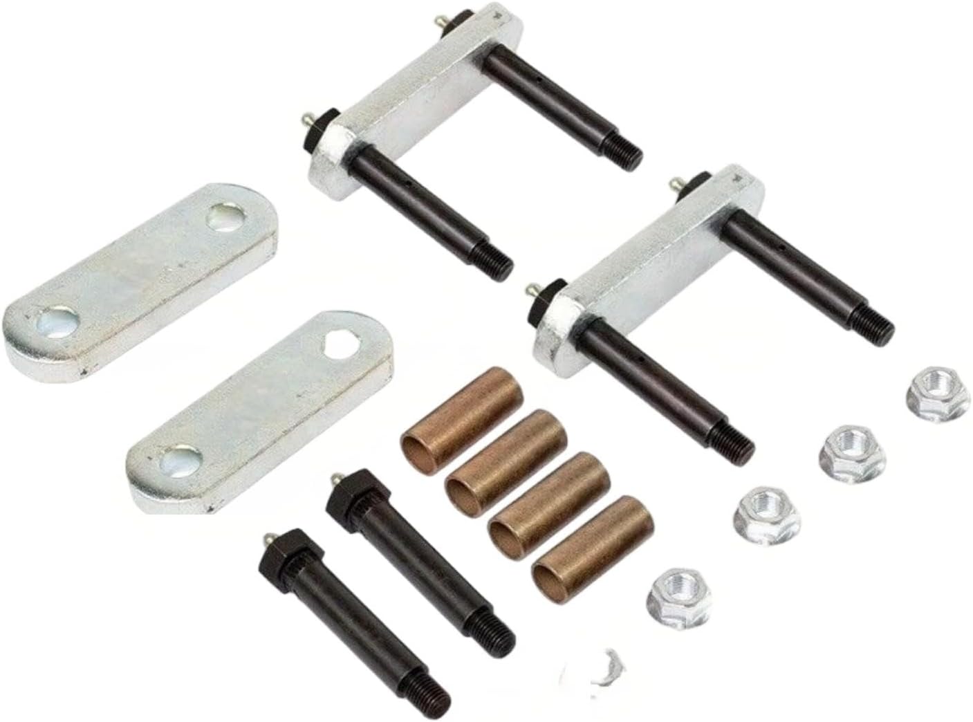 K71-358-00 For Dexter Heavy Duty Single Axle Trailer Greasable Suspension Rebuild Kit Bronze, 4-3/8 inch x 1-1/2 inch Shackle Links/Straps 3-1/4 inch Hole Center, Included bolts, nuts, bushings