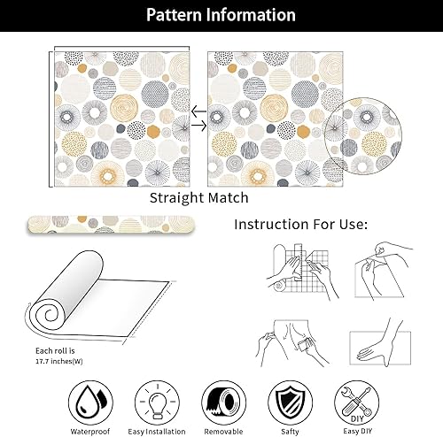 Miniatura 7 de Papel tapiz de 18 x 236 pulgadas, diseño geométrico bohemio de círculo, fácil de despegar, papel de contacto de vinilo vintage, autoadhesivo,