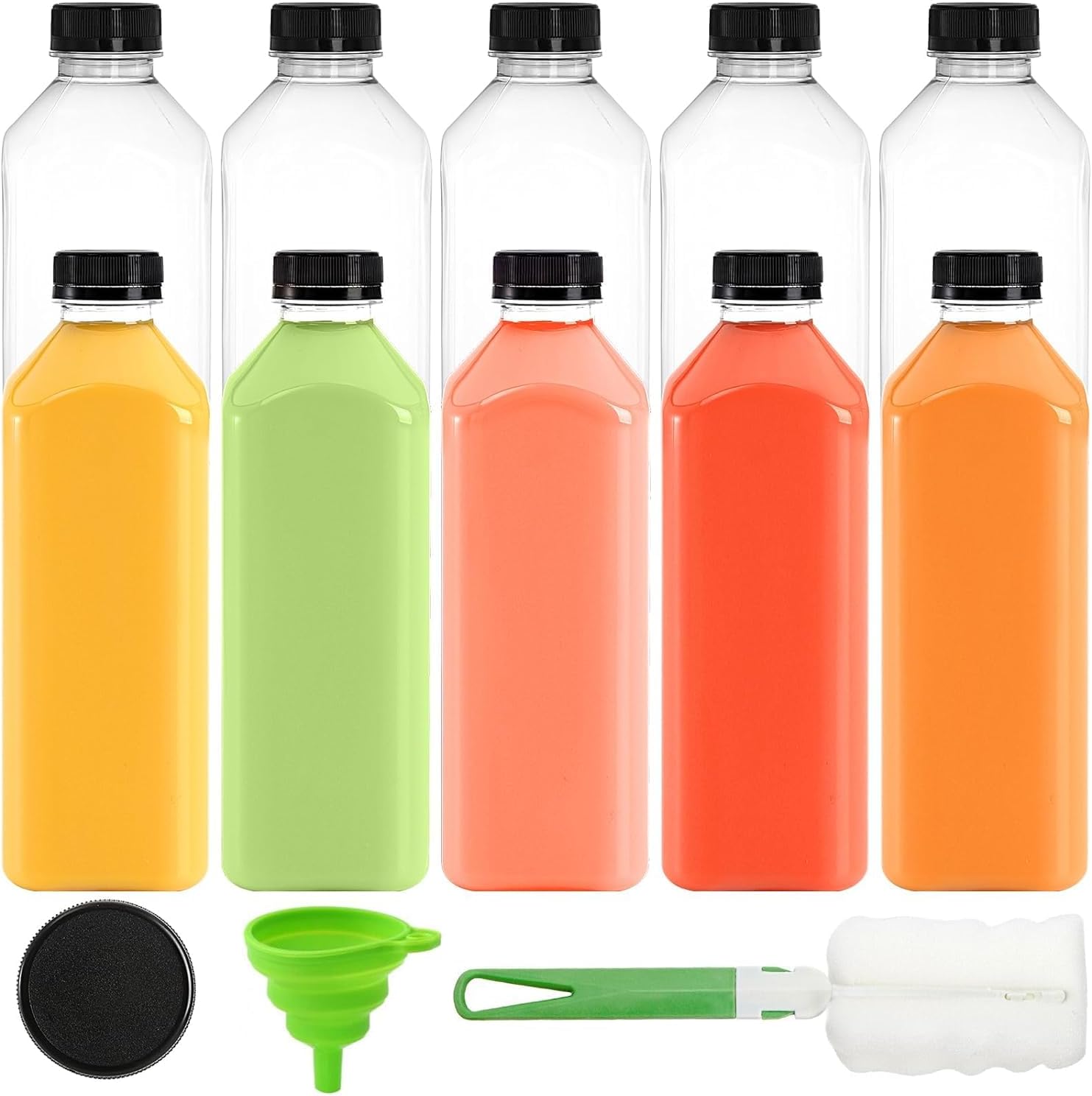 Jucoan 10 Pack 1000ml Plastic Juice Bottles with Black Cap, Clear Reusable Containers with Lids, Great Disposable Bottles for Making Juice, Milk, Salad Dressing, Smoothie and Other Beverages