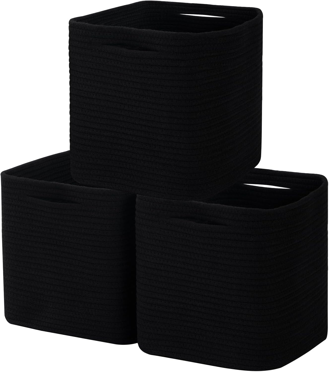 Cube Storage Bin 11" x 10.5" x 10.5" Cotton Rope Basket Square Woven Storage Basket for Shelves, Closet Organizer, Soft Towel Sock Basket, Black/White, 3 Pack