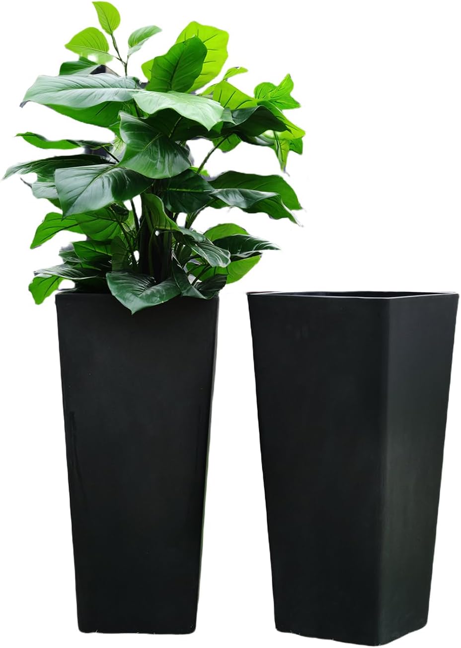 GreenShip 27 inch Tall Planters for Indoor Outdoor Plants, Set of 2 - Large Black Flower Pots with Drainage & Inner Shelf, Modern Decorative Garden Pots for Porch, Patio, Front Door