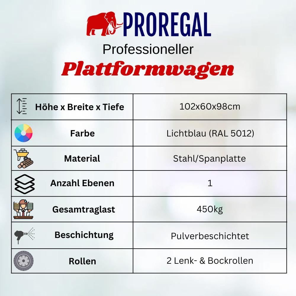 PROREGAL Transportwagen Handwagen Materialwagen | HxBxL 102x60x98cm | Traglast 450kg | Vollgummibereifung, 2x Lenkrollen mit Feststellbremse & 2x Bockrollen | Lichtblau | Plattformwagen Transporthilfe