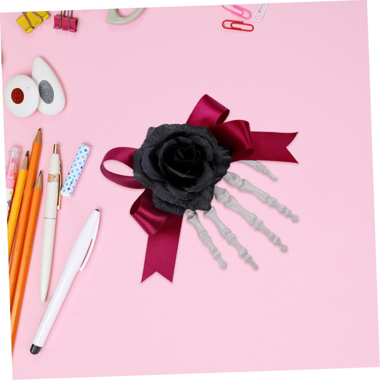 Operitacx Skeleton Hand Hair Clips with Black Rose, Halloween Hair Accessories for Women, Decorative Bone Hand Barrette for Halloween Parties and Costume Styling